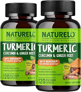 NATURELO Turmeric Curcumin - BioPerine for Better Absorption - Schwarzer Pfeffer, Ingwer Root, Curcuminoids - Plant-Based Joint Discomfort Support - 120 Vegan Capsules (Pack von 2)