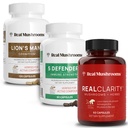 Real Mushrooms RealClarity (60ct), Lions Mane (120ct) & 5 Defenders (90ct) Capsules Bundle - Mushroom Supplement for Cognitive Health & Immune Support
