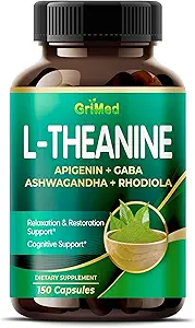 GriMed L-Theanine 11,900mg- X10 Power mit Apigenin, GABA Ashwagandha, Rhodiola - Erholung und Erholung Fokus und Gedächtnis - Made in USA (150 Count (Pack von 1))