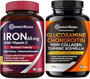 Arzt Rezepte Eisen 65 mg & Glucosamin Chondroitin MSM Bundle, Gesunde Eisen Ebenen & Bequeme Gelenke, Eisen Tabletten 60 ct & Gelenk Support Tabletten 90 ct
