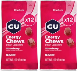 GU Energy Chews, Strawberry Energy Gummies with Electrolytes, Vegan, Gluten-Free, Kosher, 20 mg of Caffeine, and Dairy-Free On-The-Go Energy for Any Workout, 12 Bags (24 Servings Total) (Pack of 2)