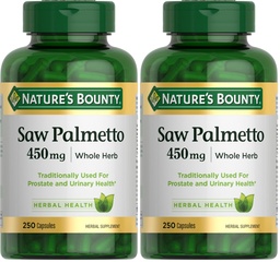 Nature's Bounty Saw Palmetto Support for Prostate and Urinary Health, Herbal Health Supplement, 450mg, 250 Capsules (Pack of 2)