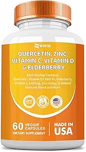 Quercetin 50 mg Zink 1000 mg Vitamin C 5000 IU Vitamin D3 1000 mg Turmeric 1000 mg Elderberry mit Q-Defend Immunmischung Reisshi Nettle Arteemisinininin, Non-GMO, Mineral Supplements,60 Kapseln