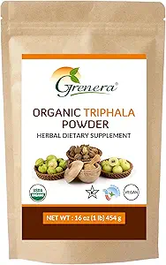 Grenera Organic Triphala Powder 1 lb (16 Unze) 454 Grams - Made with Organic Amalaki, Organic Bibhitaki, Organic Haritaki Fruit - USDA Organic, Vegan, Kosher Certified