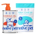 Native Pet Omega Öl für Hunde - Fischöl Ergänzungen 8 Oz & 5 kleine Yak-Schuhe für Hunde | Weide-Raised and Organic Yak Cheese Himalayan Churpi Sticks