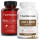 Real Mushrooms RealClarity (60ct) und Lions Mane (120ct) Kapseln Bundle - Pilzergänzung für Gehirngesundheit, Mental Clarity, Fokus, Kognition & Immununterstützung - Gehirn Vitamine w/Ashwagandha