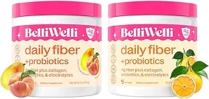 Belli Welli Daily Fiber Supplement Bundle mit Collagen, Probiotics & Electrolytes – Peach Mango & Orange Yuzu Mandarin Flavors – unterstützt Verdauung, Gut Balance & Debloating – 32 Portionen insgesamt