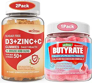 2 Packung Zuckerfreies Vitamin C + D3 + Zink-Gummi für Erwachsene 50+ + 1 Packung Butyrate Gummies