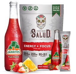 Salud x Jarritos 2-in-1 Energy Drink Powder + Focus, Fruit Punch, Organic Caffeine, B6 + B12, Theanine, Clean Energy Drink Packets, Agua Fresca Mix, Non-GMO, Gluten Free, 1g of Sugar, (15 Servings)