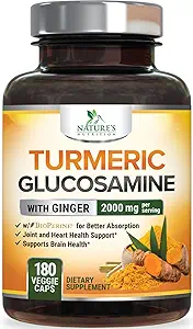 Kurkuma Ergänzung 2000mg - 95% Curcuminoide mit Glucosamin, Ginger & MSM, BioPerine Black Pepper für beste Absorption, Nature's Vegan Joint Support, Non-GMO, Bottled in USA - 180 Kapseln