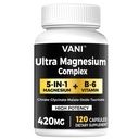 Magnesium Glycinate, （420mg） 5 in 1 Magnesium Complex & B6 Supplement for Nerve, Heart, Muscle Health & Relaxation*, Maximum Bioavailability & Absorption, Gluten Free, 120 Vegan Capsules