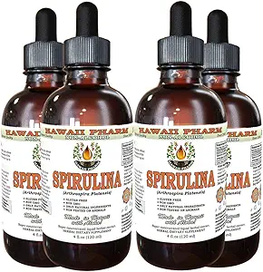 Spirulina Alcohol-Free Liquid Extract, Organic Spirulina (Arthrospira platensis) Getrocknete Algen Glycerite natürliche Kräuterergänzung, Hawaii Pharm, USA 4x4 fl.oz