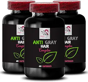 Gray Haarergänzung - ANTI GRAY HAIR COMPLEX - Anti graues Haar, Haarausfall Balance, Vibrant Farbe, Haarfarbe Erneuerung, Frischer Ton, Farbe Langlebigkeit, Graue Haarlösung 3 Flaschen 180 Kapseln