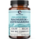 Magnesium Ashwagandha | Beruhigende Magnesium-Ergänzung für Erwachsene | Relax, Erholung, ruhige Stimmung & Schlaf-Unterstützung | Mag Citrate & Oxid 400 mg + Ashwagandha 500 mg | Muskel Gesundheit & Stress Relief | 120 Ct