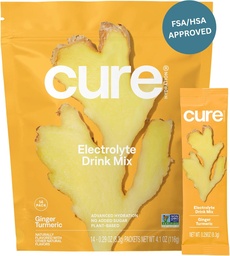 Cure Hydration | Pflanzenbasierte Elektrolyt-Getränk-Mischung | Kein hinzugefügter Zucker | FSA-HSA | Dehydratation Relief Pulver mit Kokoswasser hergestellt | Non-GMO | Vegan | Beutel von 14 Packungen - Ingwer Turmeric