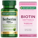 Nature's Bounty Berberine 1000mg Capsules for Blood Sugar & Heart Health (60 Count) + Biotin 10,000mcg for Healthy Hair, Skin & Nails (90 Rapid Release Softgels) – Complete Wellness Bundle