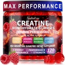 Creatine Monohydrate Gummies with BCAA, Beta-Alanine, L-Taurine, L-Carnitine, Vitamins B6 & B12, Raspberry Flavor, Pre Workout Chewable Supplement for Men & Women, 120 Count,Raspberry