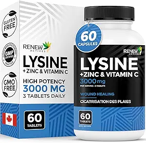 Renew Actives L-Lysine 1000 mg pro Servieren mit Zink & Vitamin C – Unterstützt Immunfunktion, Kollagenbildung, Antioxidans-Unterstützung, & Gesunde Haut, Haare & Nägel – Made in Canada – 60 Tabletten