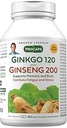 ANDREW LESSMAN Ginkgo 120 Plus Ginseng 200mg - 360 Kapseln - Standardisierte Extraktmischung zur Unterstützung von Gehirn, Speicher und kognitiver Funktion. Adaptogen, bekämpft Stress und Fatigue. Keine Zusatzstoffe
