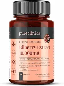 pureclinica Bilberry Extrakt 10.000mg x 180 Tabletten (6 Monate Versorgung)- 10X Mehr anthocyanidin Plus 5mg Schwarz Pfeffer pro Tablet