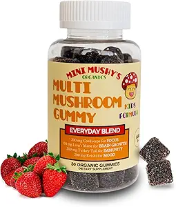 Mini Mushy's Organic Everyday Support Gummies | Turkey Tail, Reishi, Lions Mane, Cordyceps Pilze | für Kinder Aged 2+ Natürliche Farbe, Allergikerfreundlich, Low Sugar | Strawberry Flavor - 30 Count