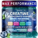 Creatine Monohydrate Gummies with BCAA, Beta-Alanine, L-Taurine, L-Carnitine, Vitamins B6 & B12, Raspberry Flavor, Pre Workout Chewable Supplement for Men & Women, 120 Count,Blueberry
