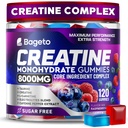Bageto Creatine Gummies 8000 MG Complex +L-Carnitine +Taurine +Electrolytes | 5g Creatine Monohydrate Gummies for Women & Men, for Muscles, Energy & Recovery, Sugae Free 120 Count (Pack of 1)
