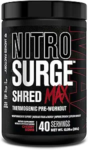 Jacked Factory Nitrosurge Shred Max Preworkout - High-Performance Thermogenic Pre Workout Pulver für Männer und Frauen mit L Citrulline, Acetyl L Carnitin, Organische Koffein - 40 Servierungen, Kirschen Bombe