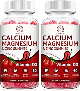 Kalzium, Magnesium, Zink & Vitamin D Gummis - 2 Pack | Vitamine für Frauen, Männer & Kinder | Kalziumergänzungsmittel für starke gesunde Knochen, Zinkgummis, Glutenfrei, Vegan - 120 Count