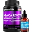 4-in-1 Liquid Biotin Collagen Keratin Saw Palmetto Tropfen (2 fl oz - 1 Pack) & 6-in-1 Maca Root Ashwagandha w Black Pepper Fruit (120ct) Bundle - Haar, Haut, Nägel, Energie &amp; Mood Support Supplement