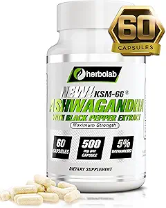 herbolab Ashwagandha KSM 66 15:1 mit schwarzem Pfefferextrakt (höhere Absorption) Max Potency Full Spectrum 5+% Withanolides