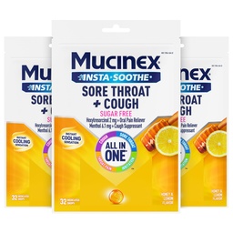 Mucinex Instasoothe Sugar Free Cough Drops for Adults + Sore Throat Relief, Medicated Sore Throat Lozenges with Hexylresorcinol & Menthol, Honey & Lemon Flavor Drops, 32 ct (Pack of 3)