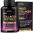 Multi Collagen Peptide - Hydrolysierte Typen I, II, III, V & X - Collagen Supplement für Damen 1300mg - w/ Hyaluronsäure, Vitamine C & E - Haut, Haar, Nägel & Gelenkunterstützung - Made in USA, 120 Kapseln