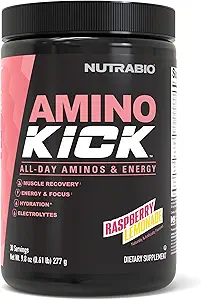 NutraBio Amino Kick – BCAA-Pulver mit natürlichem Koffein – Aminosäuren-Ergänzung für Energie, Hydration & Recovery – BCAAs, Elektrolyte & Aminosäuren – Raspberry Lemonade, 30 Servietten