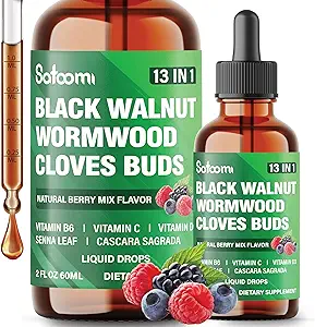 Satoomi 13in1 Black Walnut Liquid Tropfen mit Wormwood, Tücher, Vitamin B6, Vitamin C, Vitamin D, Senna, Cascara Sagrada und 5 weitere - 2 Fl Oz für 60 Tage - Berry Mix Flavor
