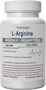Superior Labs L-Arginin 3000mg, reines Non-GMO, hochkarätige Aminosäure, Nitric Oxide & Vasodilation Booster für Blutfluss, unterstützt Energie und Ausdauer, Muskelpumpe & Herzgesundheit, 150 Veg Caps