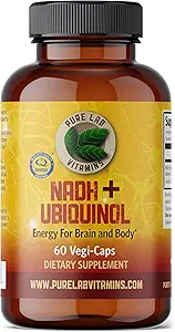 Pure Lab Vitamine NADH 10mg mit Ubiquinol 40 mg - 60 Vegi Caps Bioactive VIT B3 und CoQ10 für Gehirn und Körperenergie. Hergestellt in Kanada