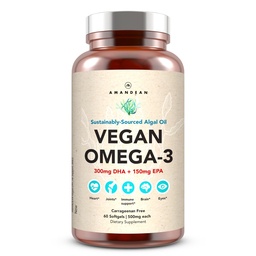 AMANDEAN Vegan Omega 3 Supplement. Premium Fish Oil Alternative. Algae DHA & EPA. Carrageenan Free Softgels. Algale essentielle Fettsäuren. Pflanzenbasiertes Herz, Gehirn, Auge, Haut, Immununterstützung. (60ct)