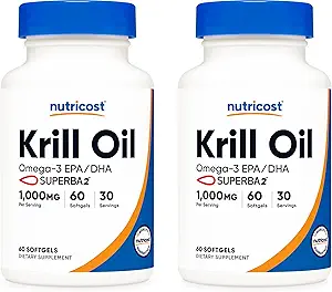 Nutricost Krill Öl 1000mg; 60 flüssige Softgele (2 Flaschen) - Omega-3 EPA-DHA