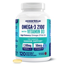 Oceanblue Professional Omega-3 2100 mit Vitamin D3 – 120 ct – Triple Strength Burpless Fish Oil Supplement mit High-Potency EPA, DHA, DPA und Vitamin D3 – Wild-Caught – Orange Flavor (60 Servietten)