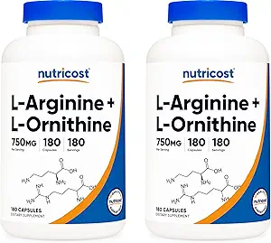 Nutricost L-Arginin L-Ornithine 750mg; 180 Kapseln (2 Flaschen)