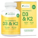 Rein ganzheitliches Vitamin D3 125mcg und Vitamin K2 90mcg MK7-4 Monat Versorgung 150 vegetarische Kapseln - Vitamin D3 & K2 Menaqunione - Hohe Festigkeit Cholecalciferol Made in USA