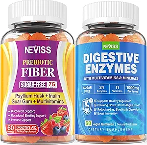 NEVISS Psyllium Husk Prebiotic Fiber Gummis - 7G Fiber mit 2000mg Prebiotic Fiber Blend & Multivitamins - Inulin, Fos, Guar Gum & Multi Digestive Enzyme Vitamin Gummis Kaubar