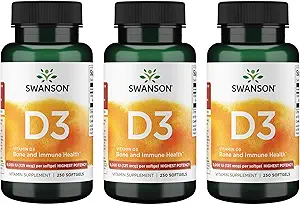 Swanson Vitamin D3 - Vitamin-Ergänzung zur Förderung der Knochengesundheit und Immunsystemunterstützung - Natürliche Unterstützung für Kalzium Verteilung & Absorption - (250 Softgels) 3 Packung
