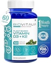Biovitalia Pflanzen basiertes Vitamin D3 + K2 60 Kapseln für Männer & Frauen | Nahrungsergänzungsmittel | Unterstützt Immunsystem & Knochen Gesundheit | Fördert Calcium Absorption - 60 Vegan Kapseln