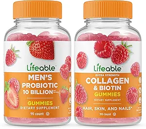 Lebensfähige Männer Probiotic 10 Billion + Collagen & Biotin, Gummis Bundle - Große Verkostung, Vitamin-Ergänzung, Glutenfrei, GMO frei, Kaugummi