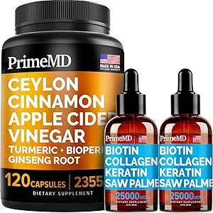 4-in-1 flüssiges Biotin Collagen Keratin Saw Palmetto Tropfen (2 fl oz - 2 Pack) & 5-in-1 Ceylon Cinnamon w Turmeric & Ginseng Root (120ct) Bundle - Haar, Haut, Nägel, & Immununterstützungsergänzung