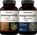 NatureBell Magnesium Glycinate Kapseln 500mg & Ashwagandha 12,500 mg Äquivalent mit Black Pepper Bundle Pack | Chelat & Purified Mineral | Adaptogene Ergänzungen zur Entspannung