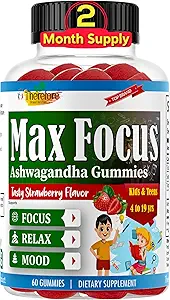 Daher Max Focus Ashwagandha Calm & Focus Gummis für Kinder & Jugendliche, Unterstützung ruhige Stimmung, Entspannung, Anti Stress, Gedächtnis, Energie, Entspannung, Niedrigzucker Vegan, fruchtige Flavored- 60 Gummie