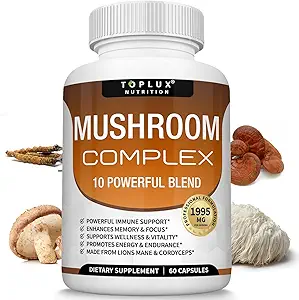 Toplux Mushroom Supplement Lions Mane - Cordyceps Reishi Chaga 10 Organic Mushroom Blend zur Unterstützung von Immunsystem, Gedächtnis, Fokus und Klarheit und Energie, für Männer Frauen, 60 Kapseln
